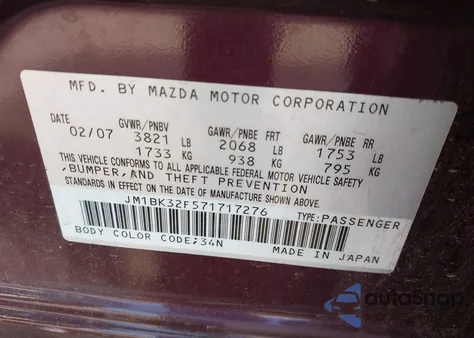 2007 Mazda 3 I z USA, uszkodzony, nr VIN JM1BK32F571717276